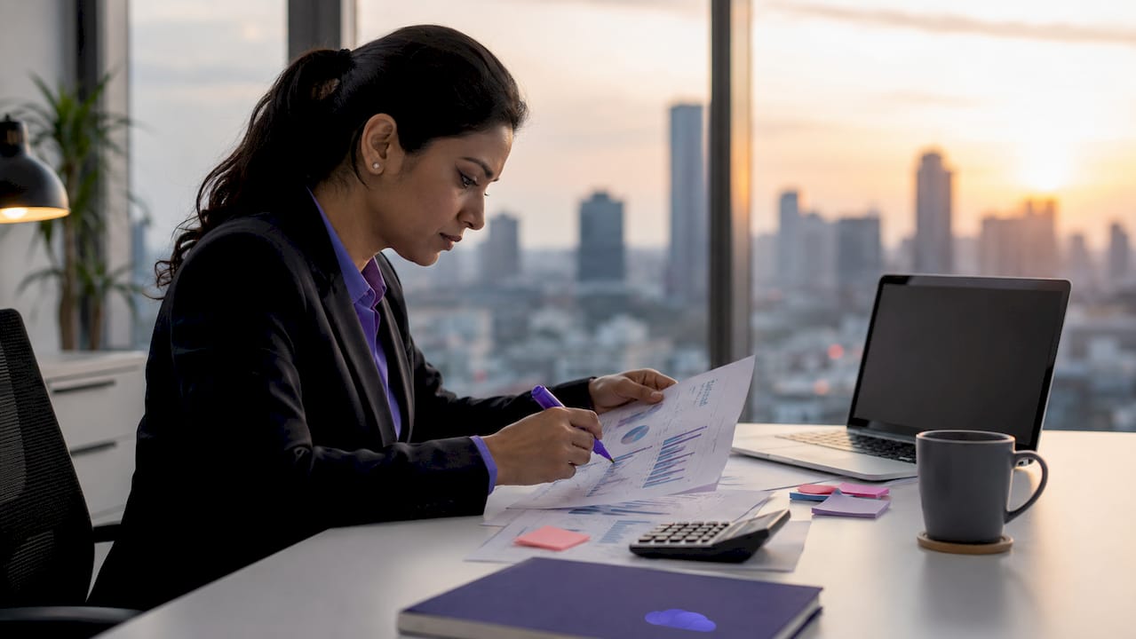 Trader reviewing master trader performance reports at desk