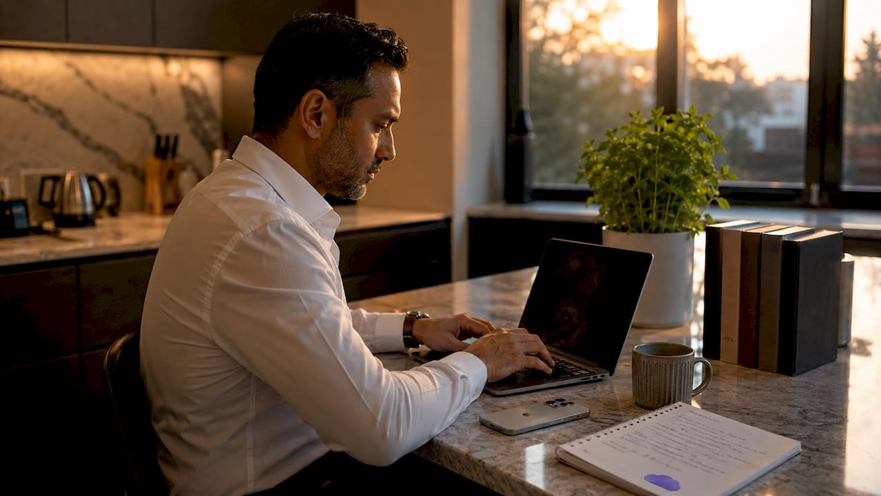 Trader setting up trade copier on laptop in home office