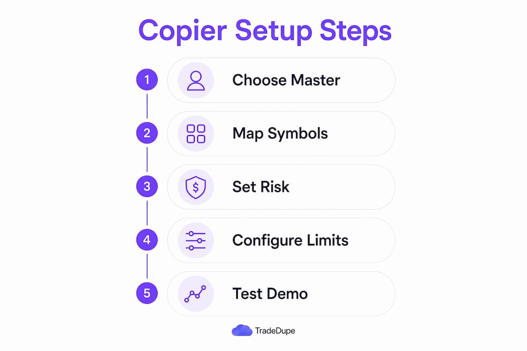 Infographic illustrating step-by-step prop firm copier setup process
