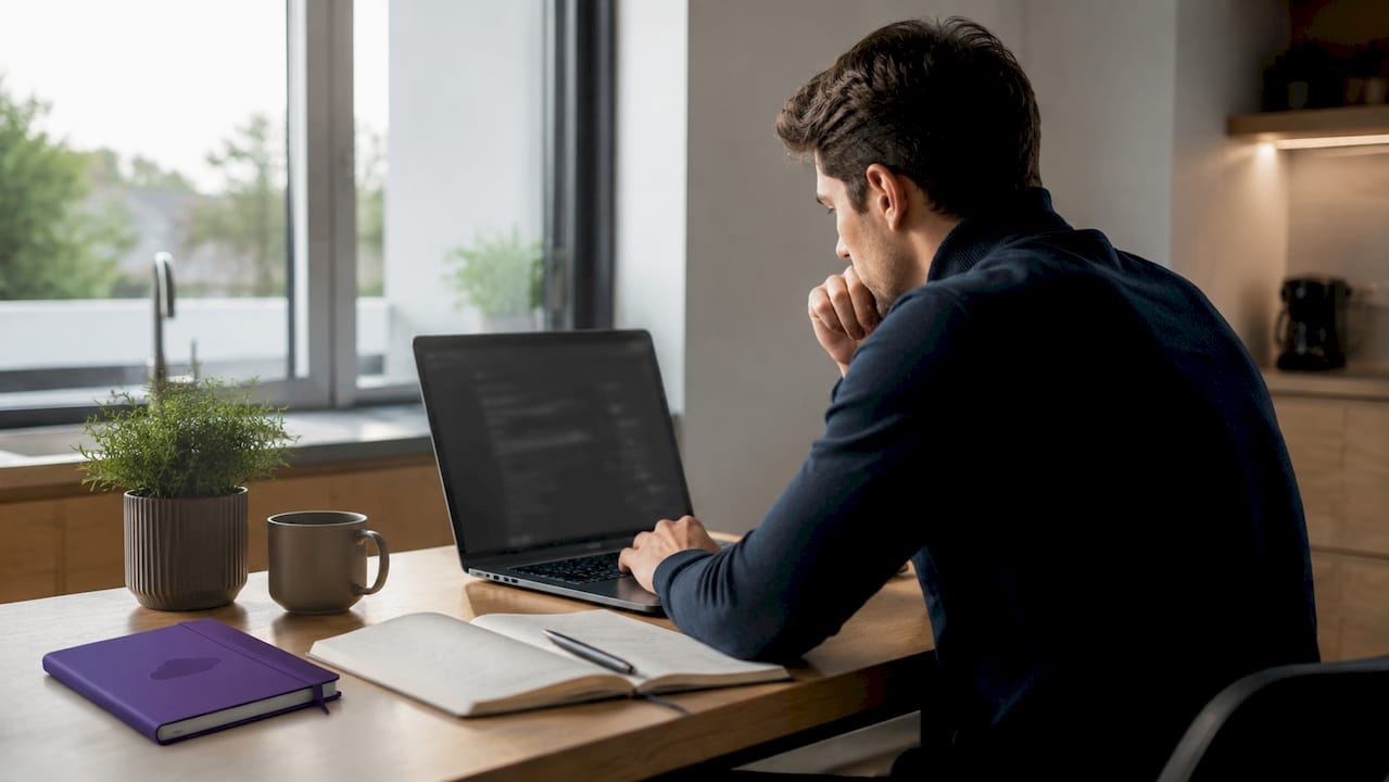 Trader reviewing trade copier software at laptop