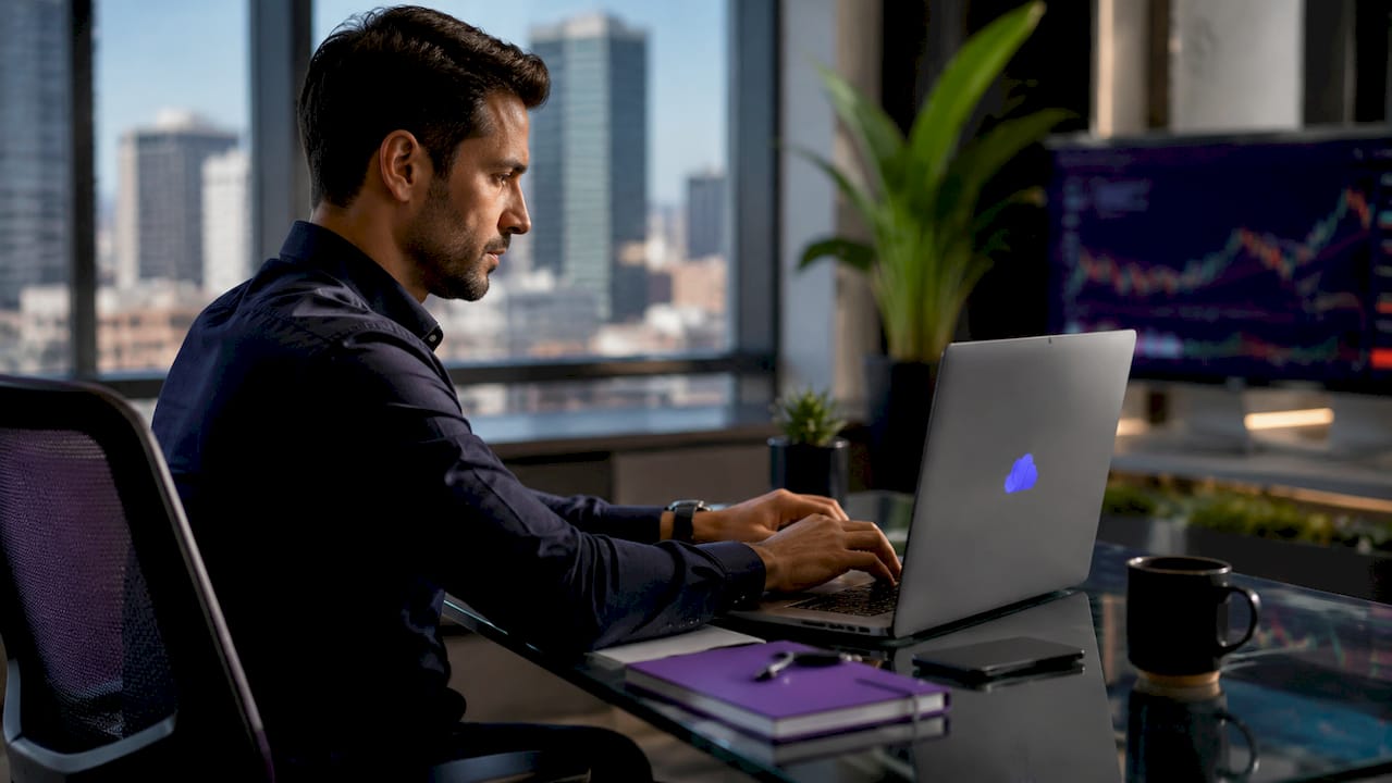 Man configuring trade copier software on laptop