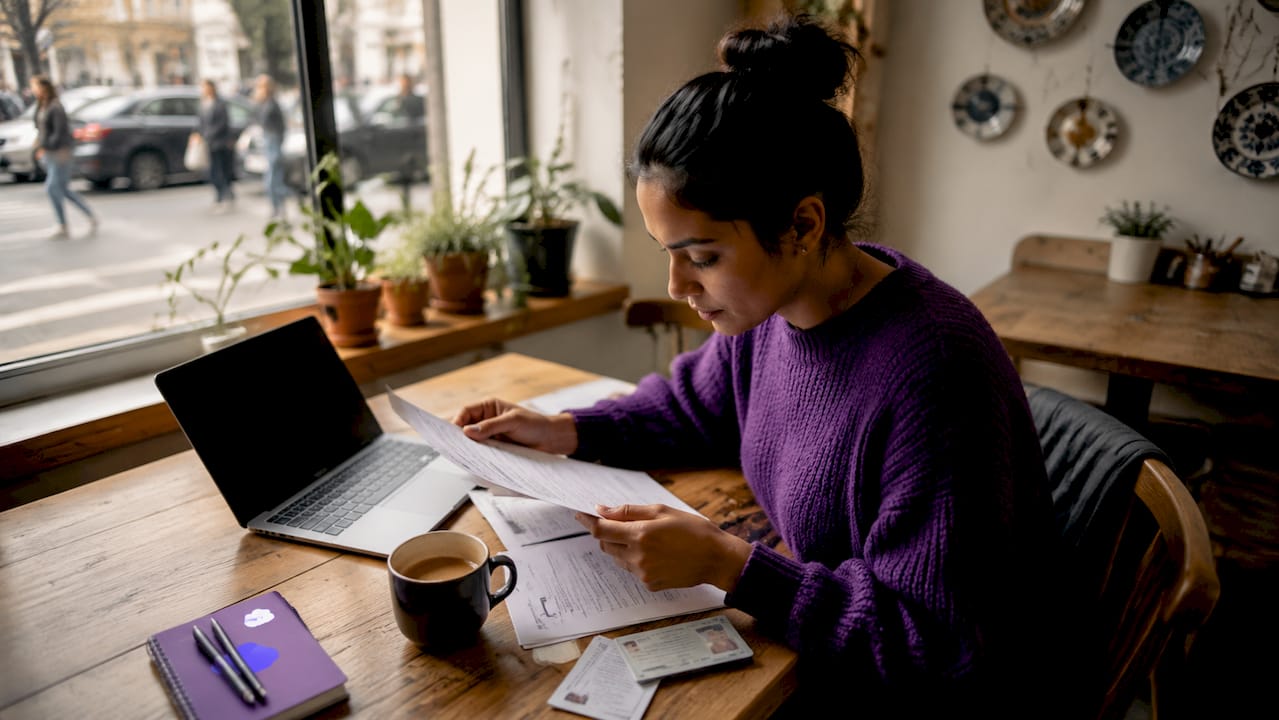 Trader reviewing identity verification documents at desk