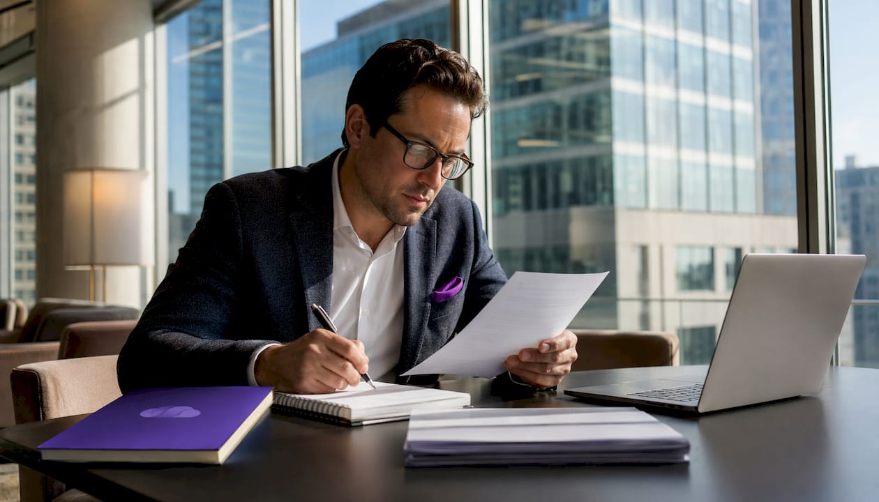 Trader reviewing profit split documents at desk