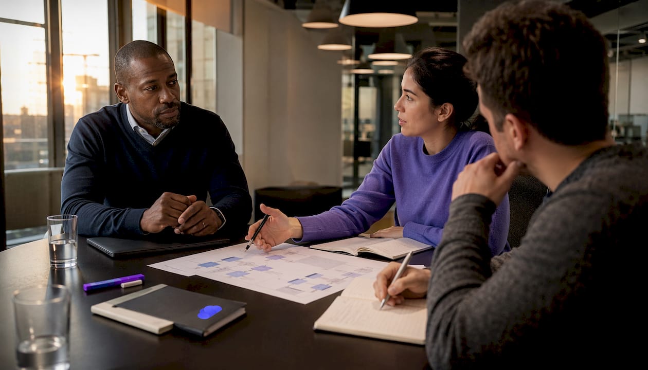 Team discussing profit split models in meeting