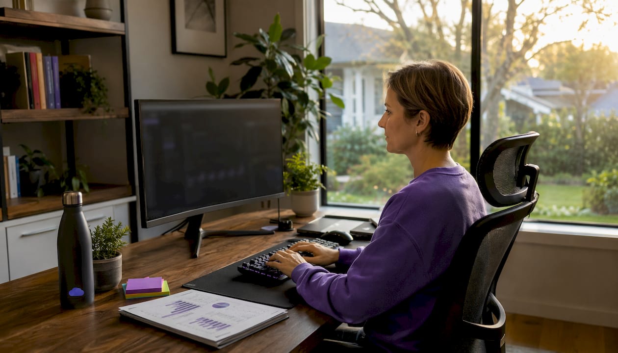 Prop trader typing at trading workstation