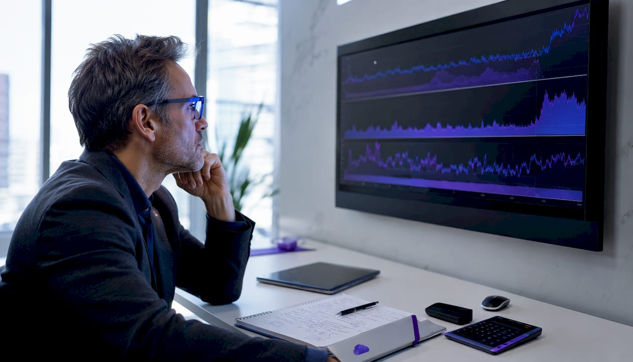 Trader analyzing latency data on screen