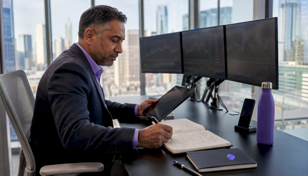 Trader using trading platform with notes on desk