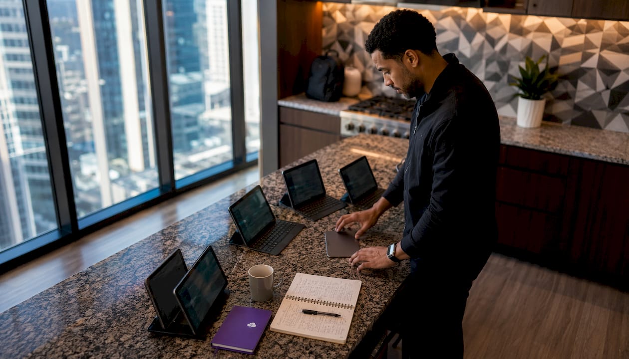Trader working swiftly at multi-monitor trading desk