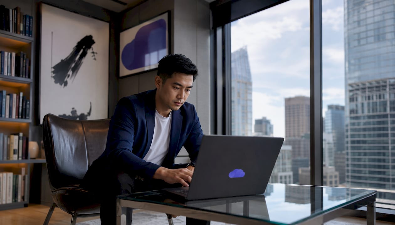 Trader typing at desk in office with city view