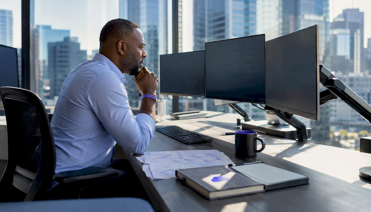Trader working at prop desk with multiple monitors