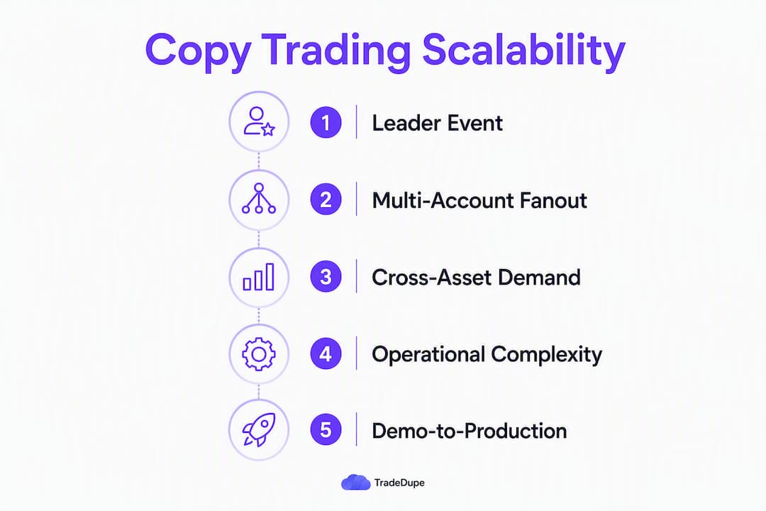 Infographic showing copy trading scalability challenges as steps