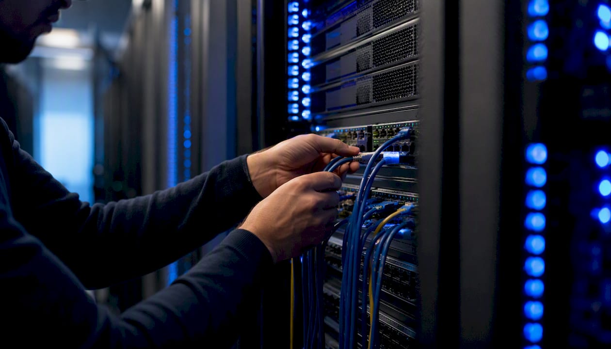 Hands plugging cables in cloud data center