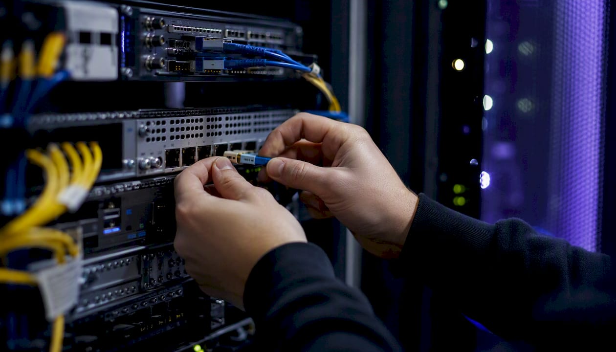 Hands connecting network fiber cable in server rack