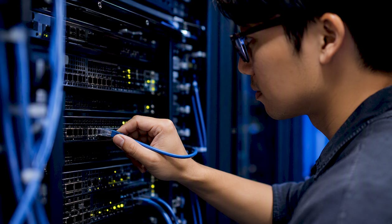 Hands plugging ethernet cable into a server rack
