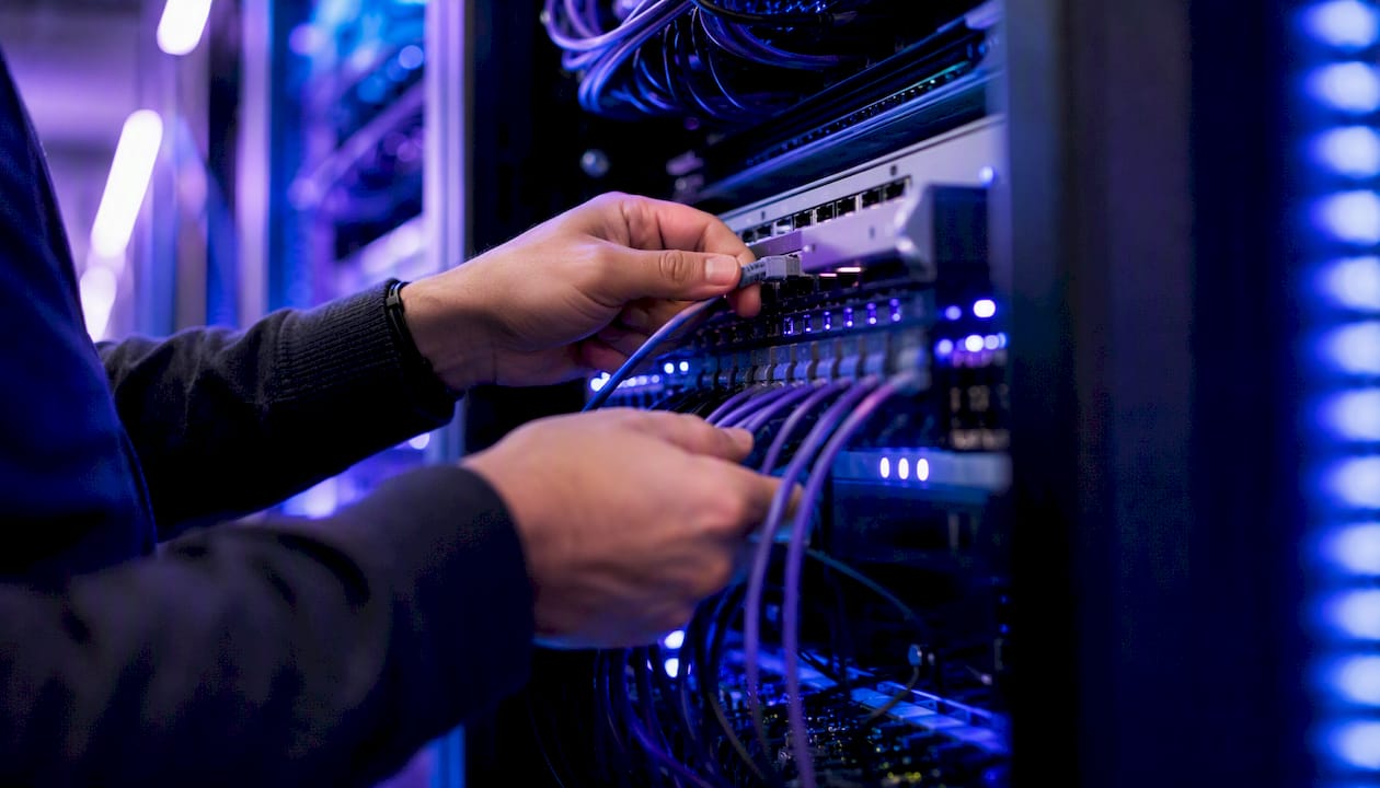 Hands adjusting fiber optic cable in server room