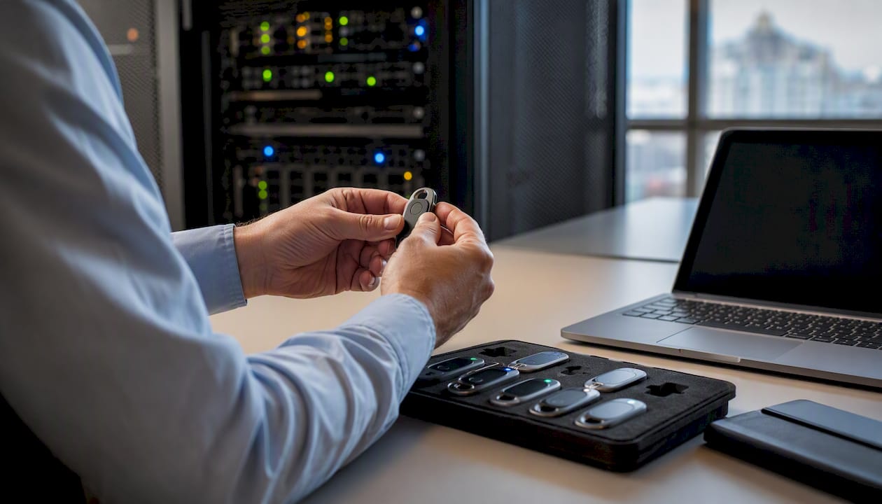 Hands managing hardware tokens in server room
