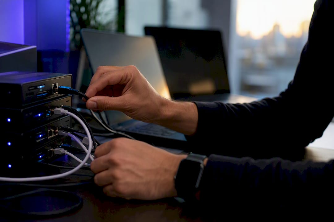 Hands connecting network devices for synchronization