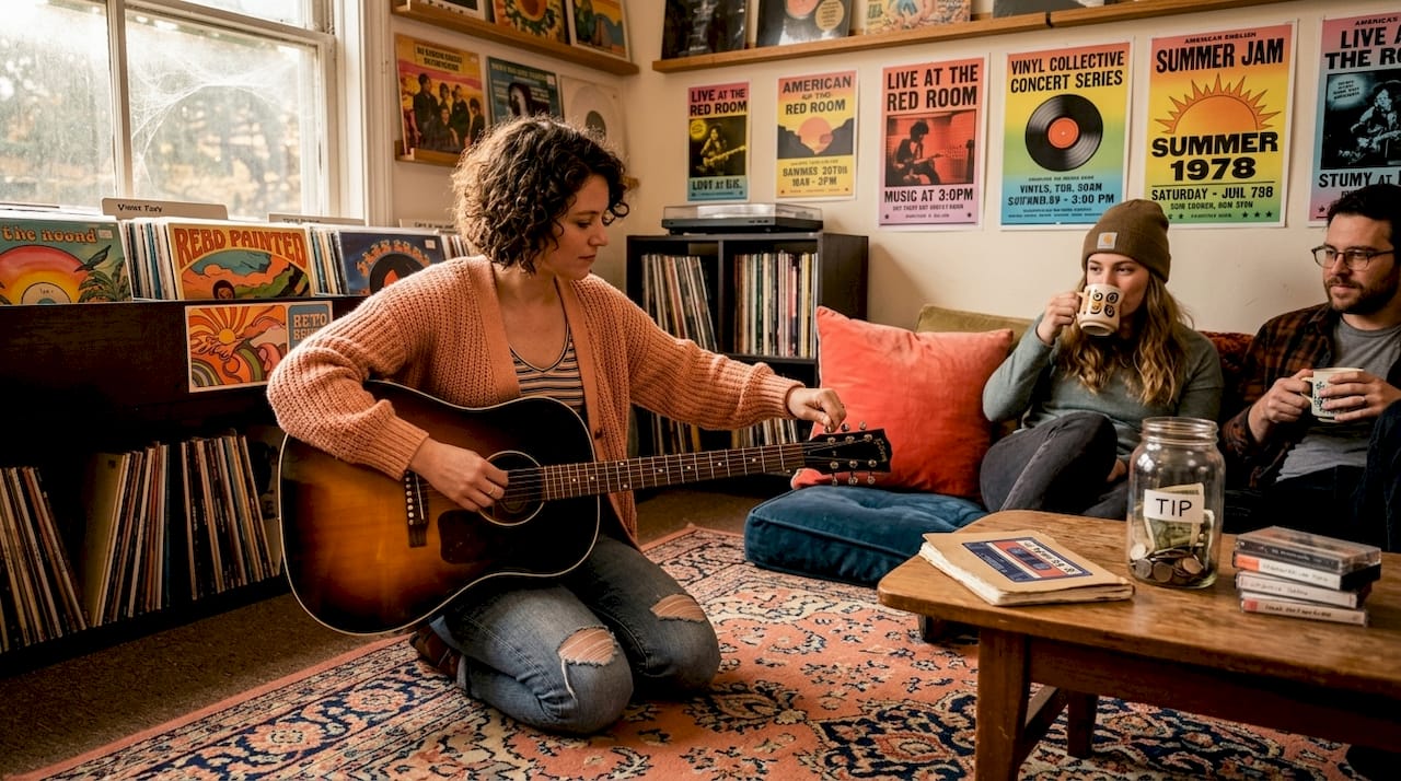 Musician tuning guitar in record shop performance