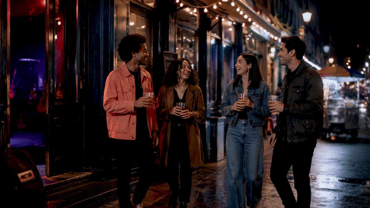Crowd outside vibrant urban music venue at night