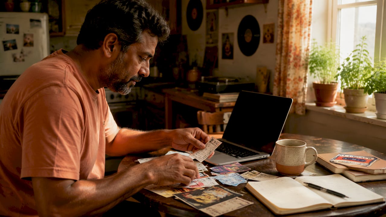 Man organizing concert tickets at desk