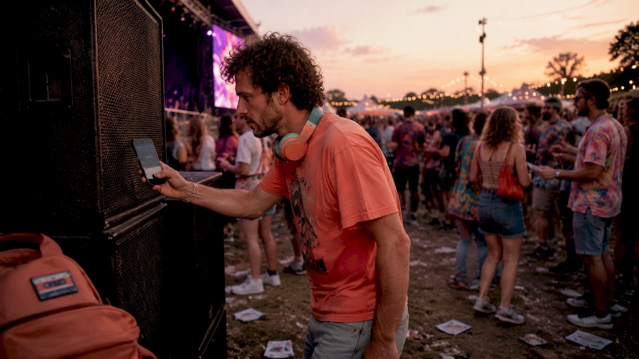Man using phone to identify song near concert speakers