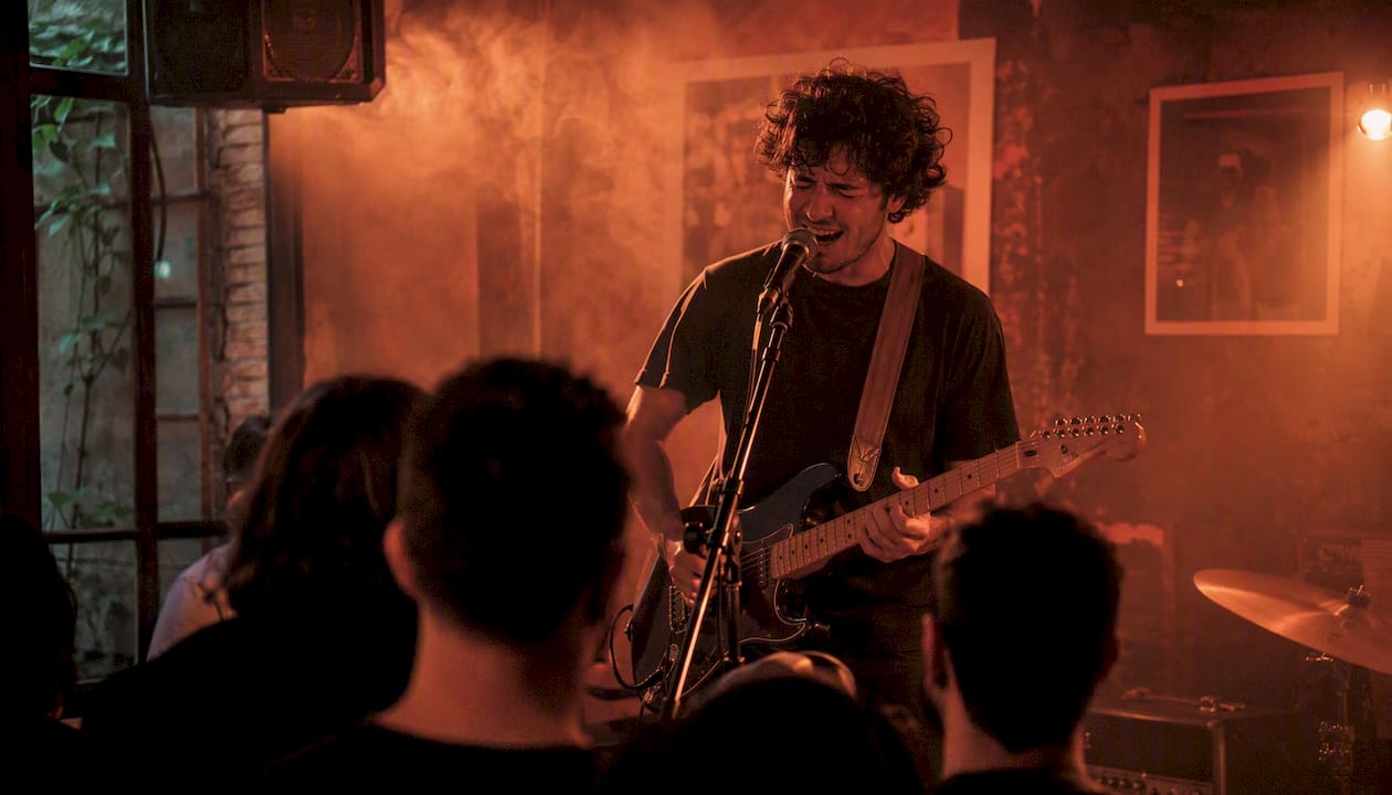 Local musician playing guitar on small venue stage