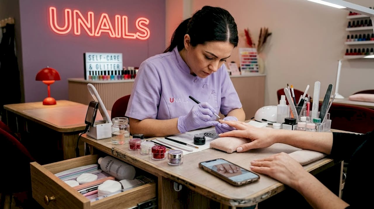 Nail technician applying gel overlay in salon