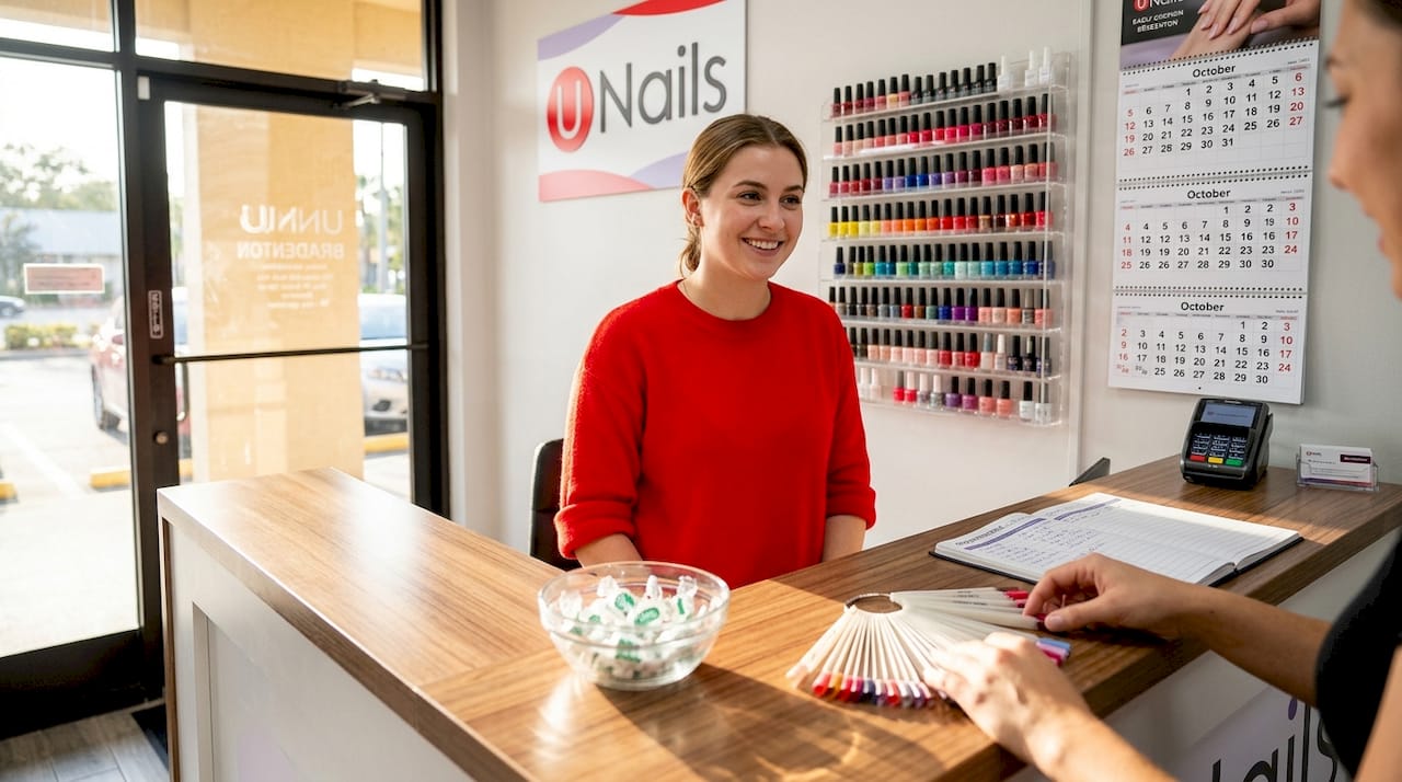 Receptionist greeting client in Bradenton nail salon