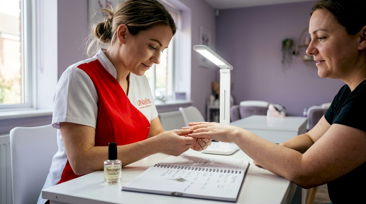 Salon specialist checking client nails for damage