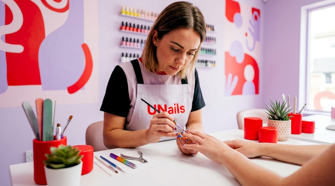 Nail artist applying abstract nail design