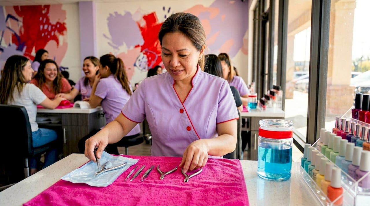 Technician prepares sanitized nail tools