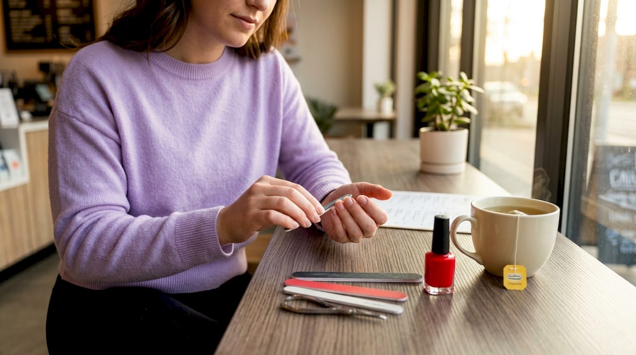 Woman doing short nail manicure at table