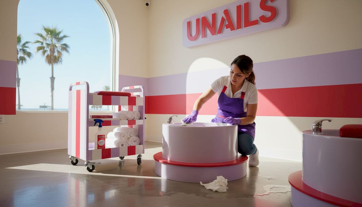 Technician cleaning foot bath at salon