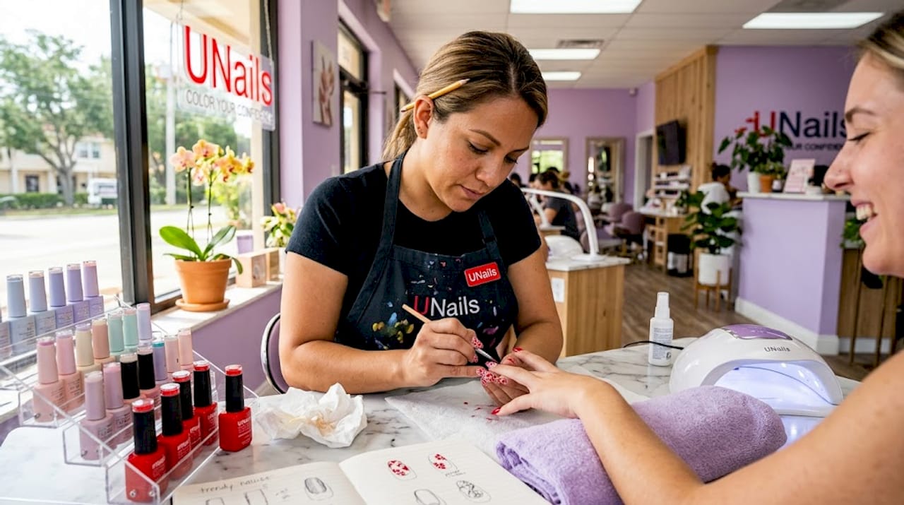 Nail artist creating spring designs in Bradenton salon