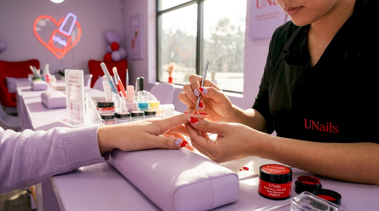 Close-up of gel nail art process in studio