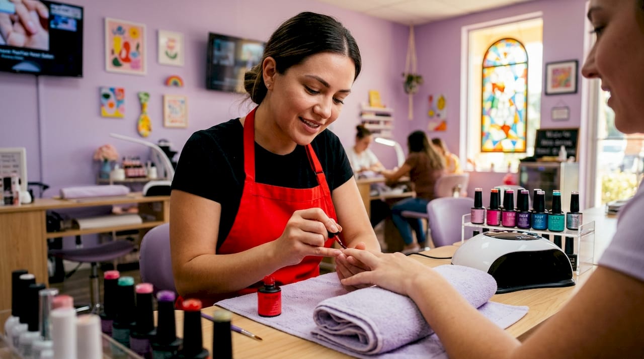 Nail technician applying gel polish in salon