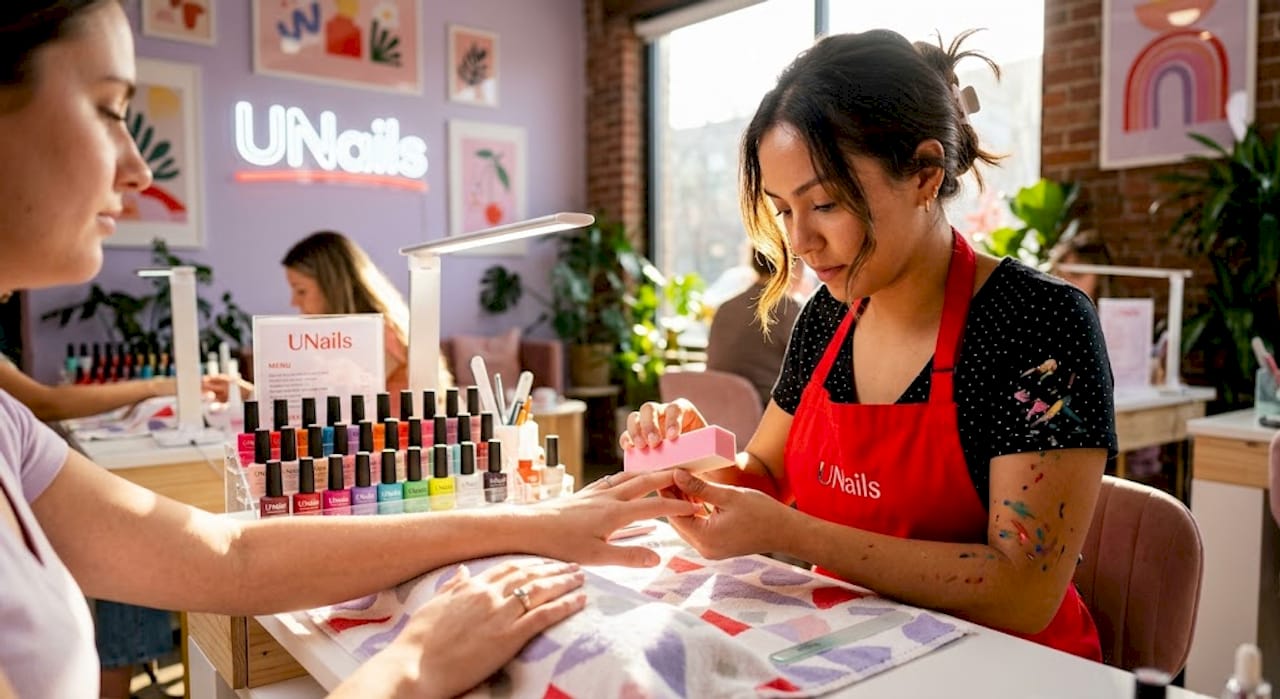 Nail artist preparing client’s nails in bright studio