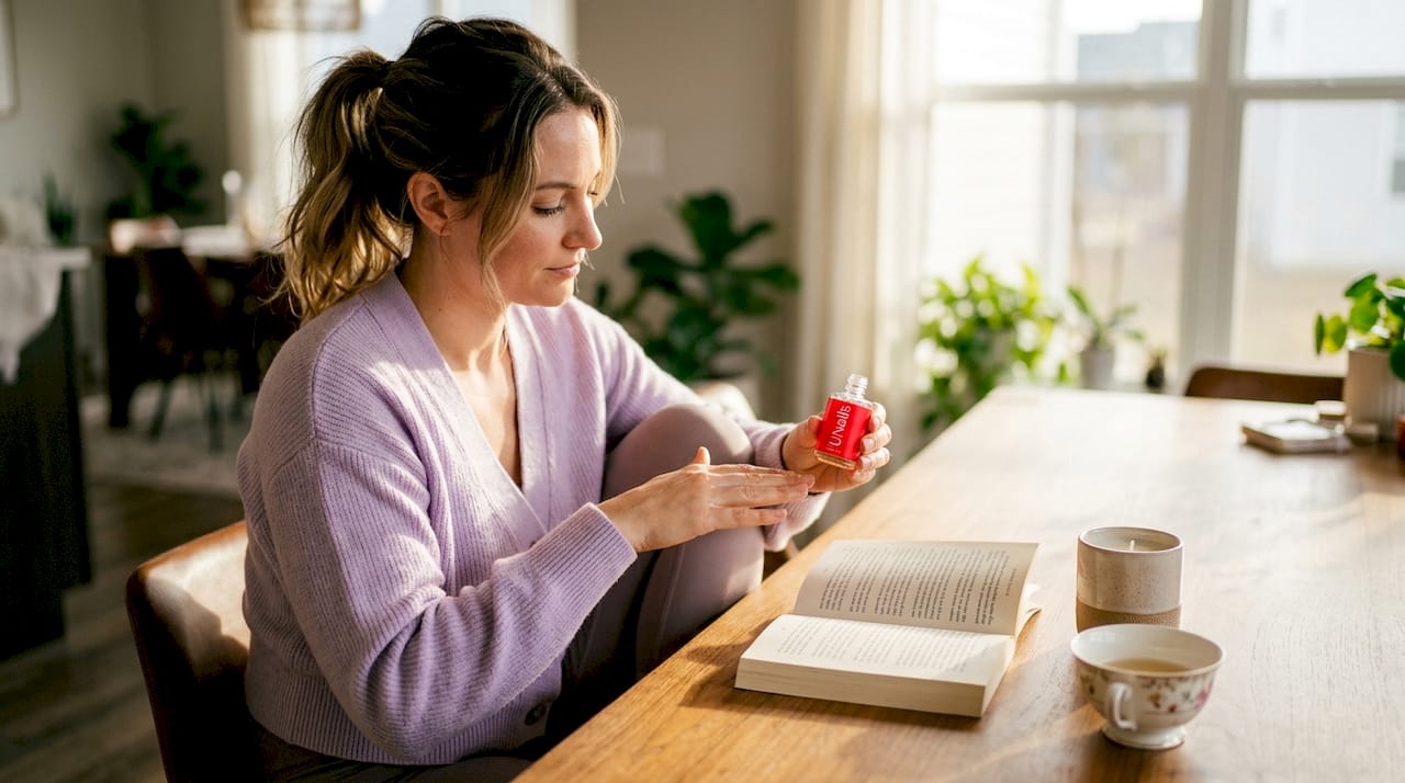 Woman applying cuticle oil on sofa