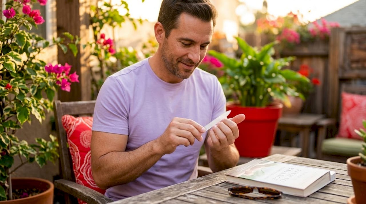 Man filing nails at kitchen table