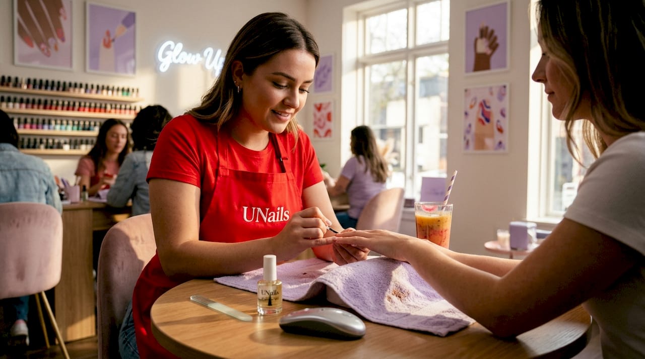 Manicurist carefully treating client’s nails