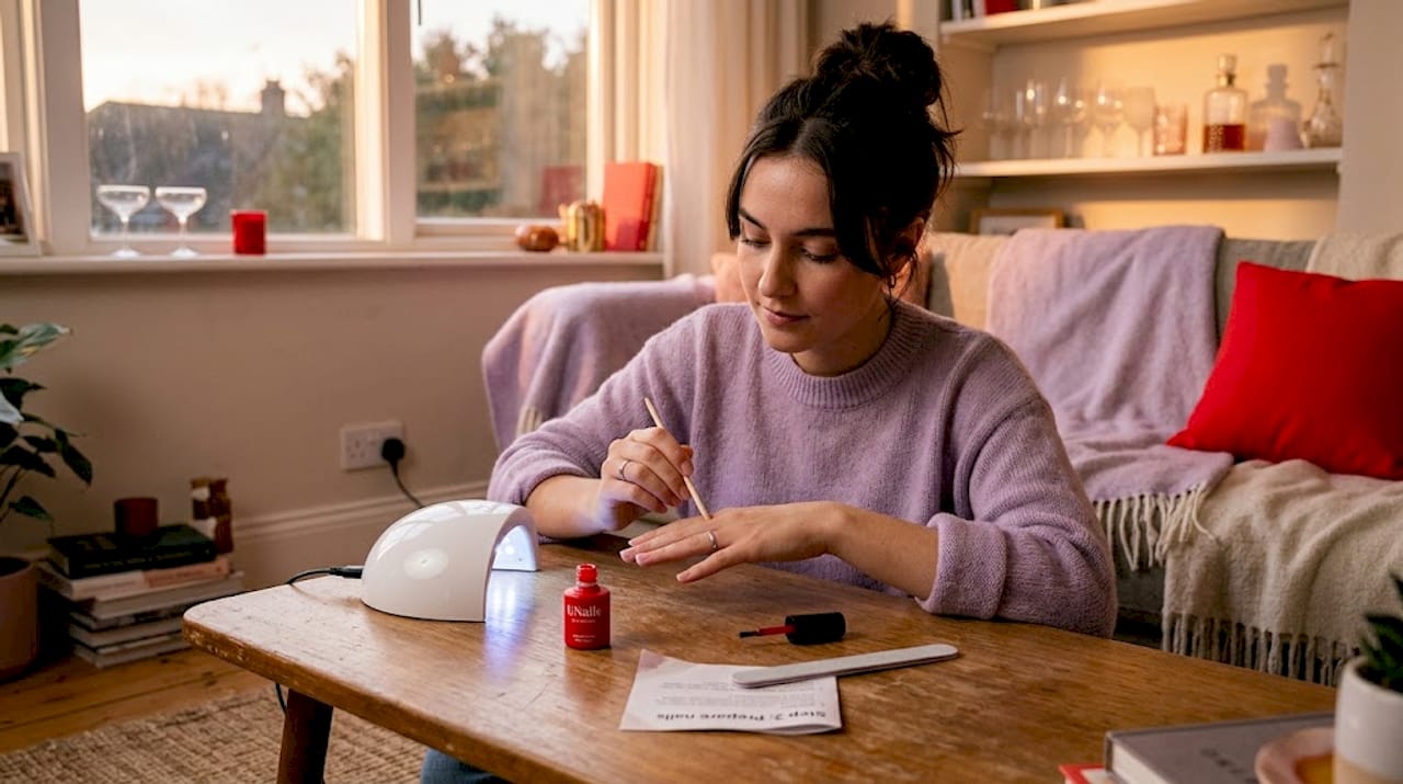 Woman performing gel manicure at kitchen table