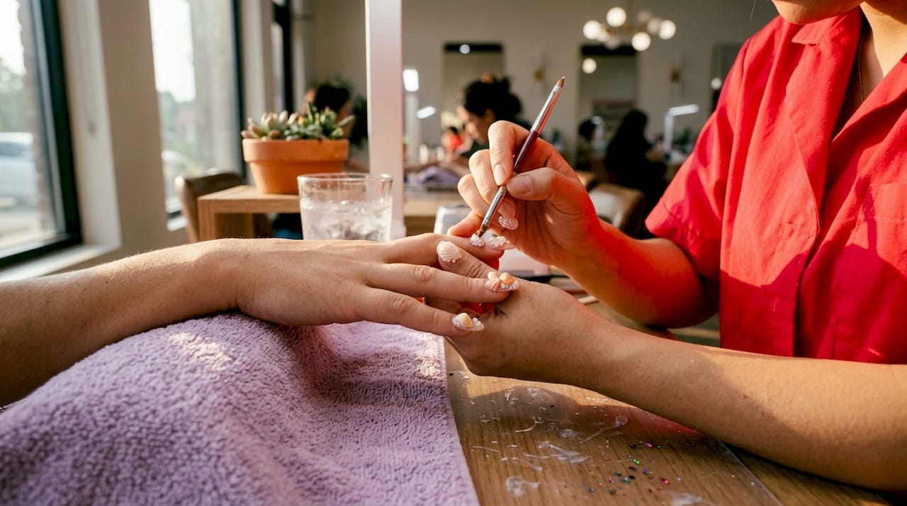 Artist creating 3D seashell nail art design