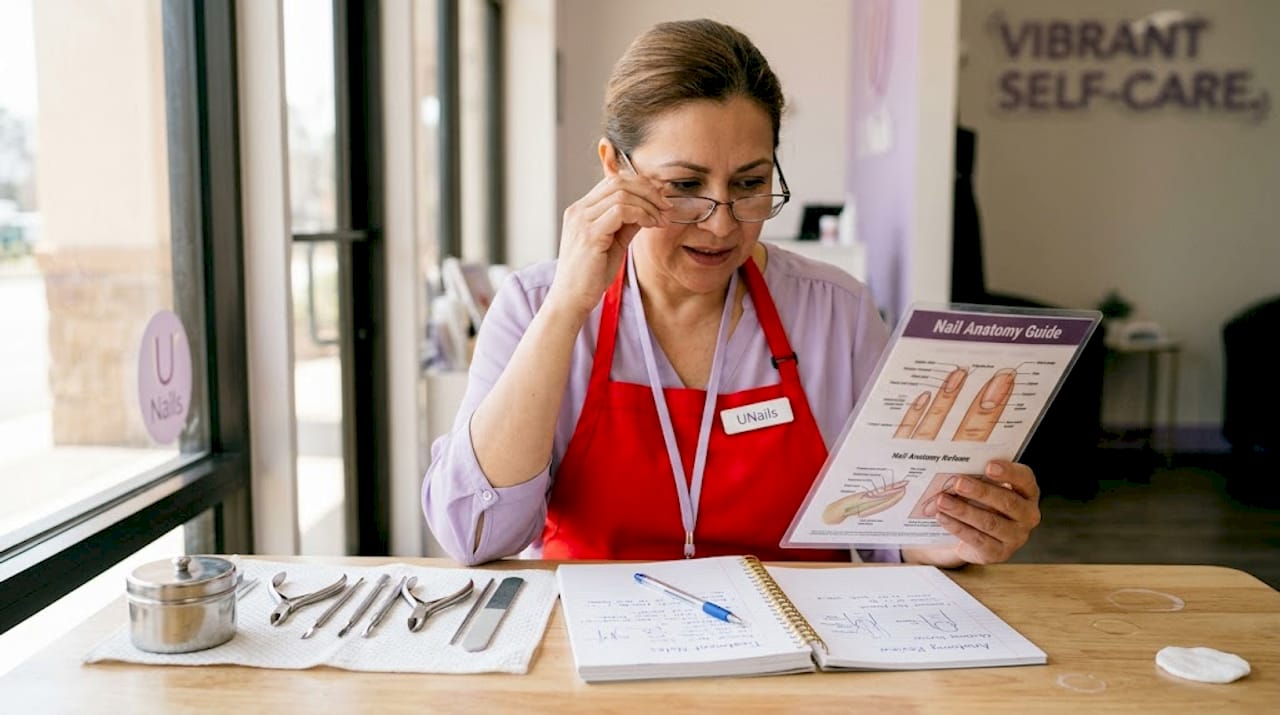 Nail technician reviewing training materials