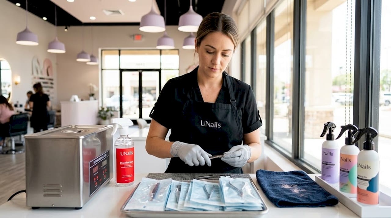 Nail technician cleaning tools in salon