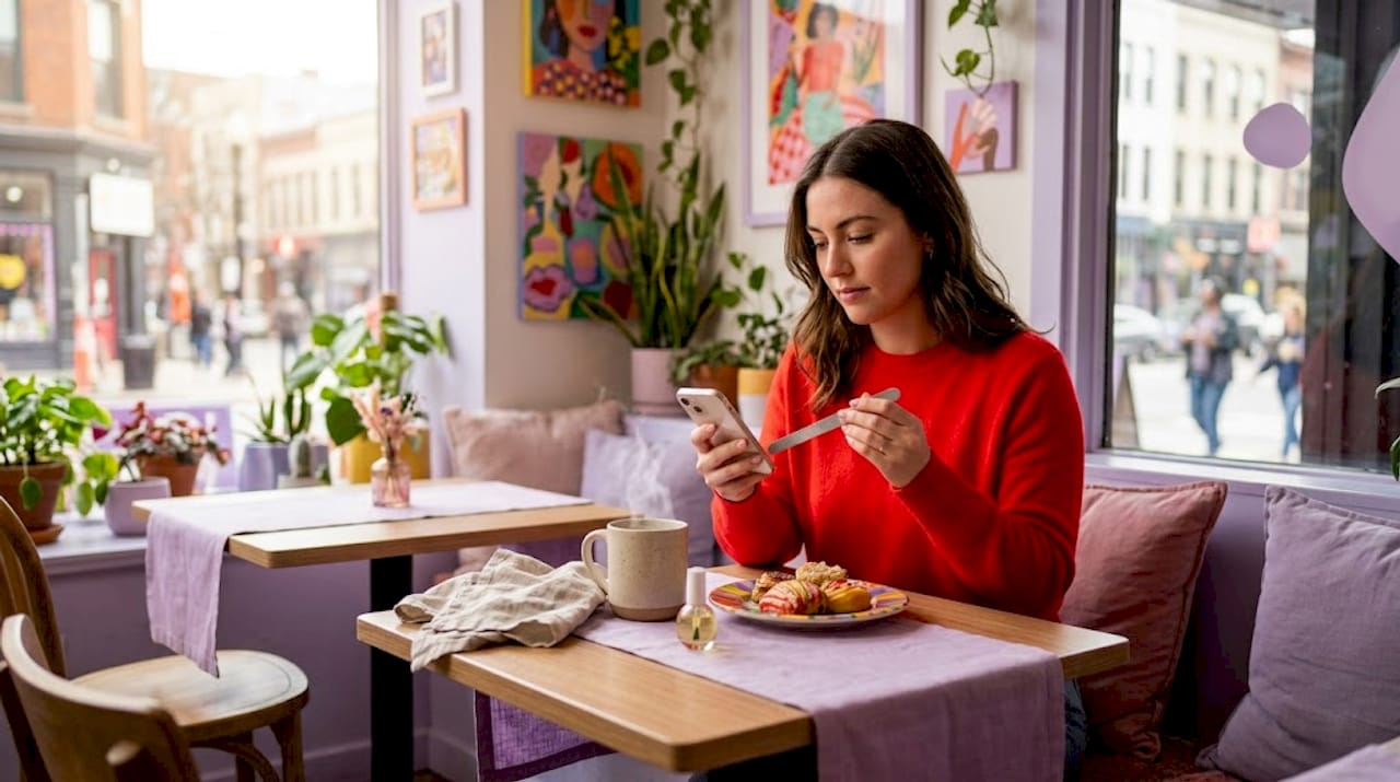 Woman trimming nails at kitchen table