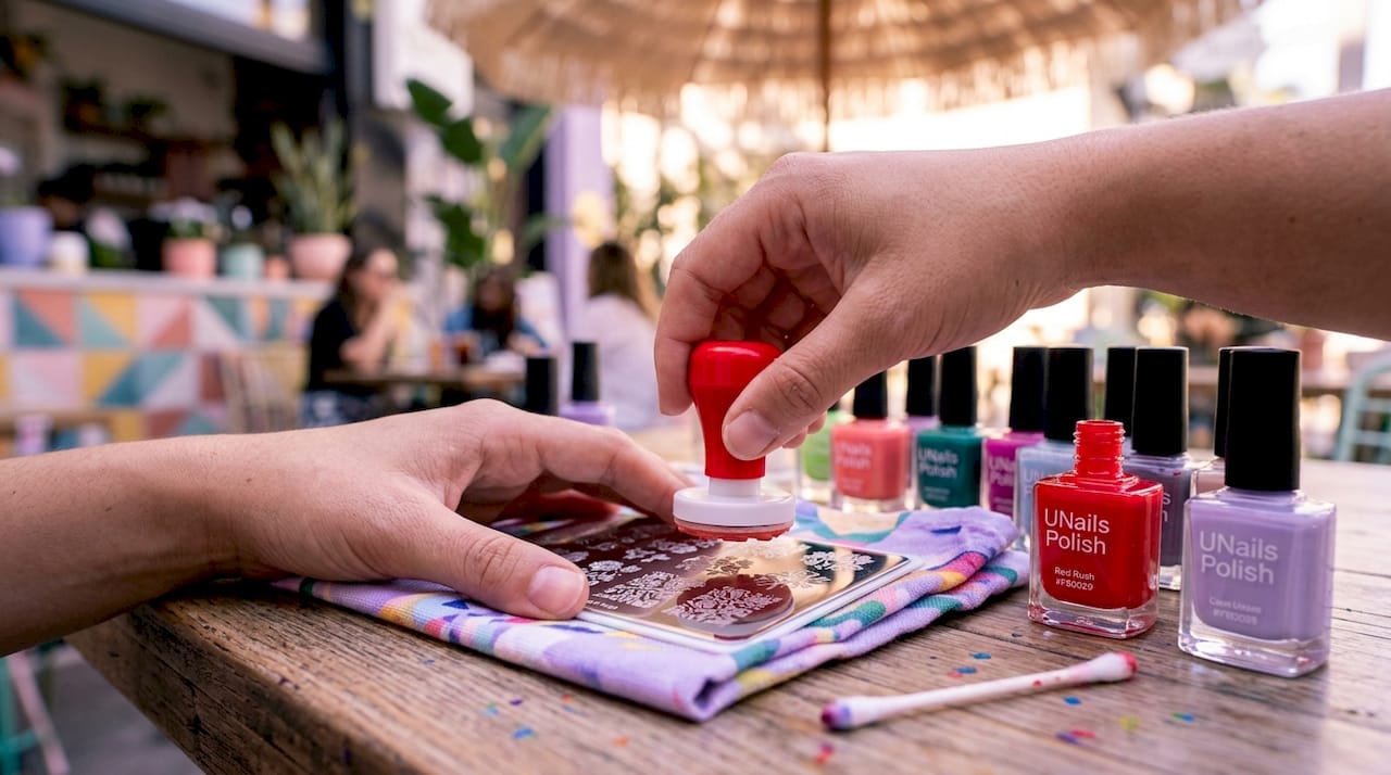 Closeup nail stamping step at table