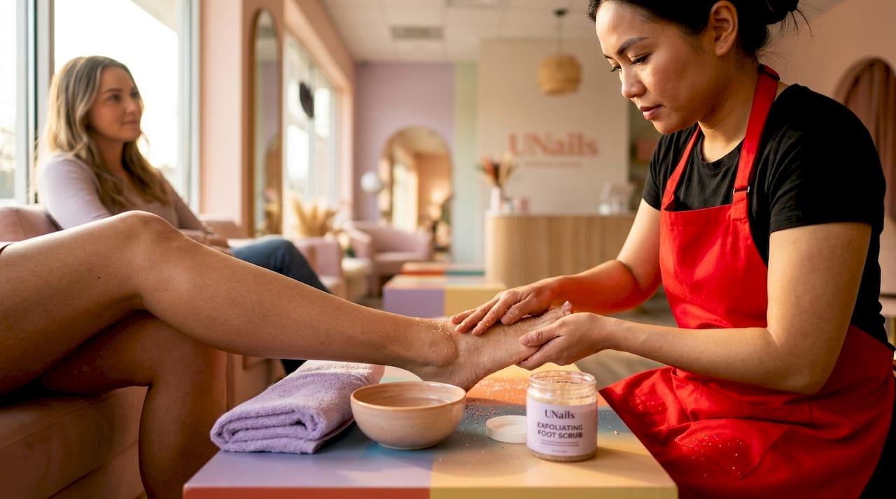Technician massaging foot with exfoliant