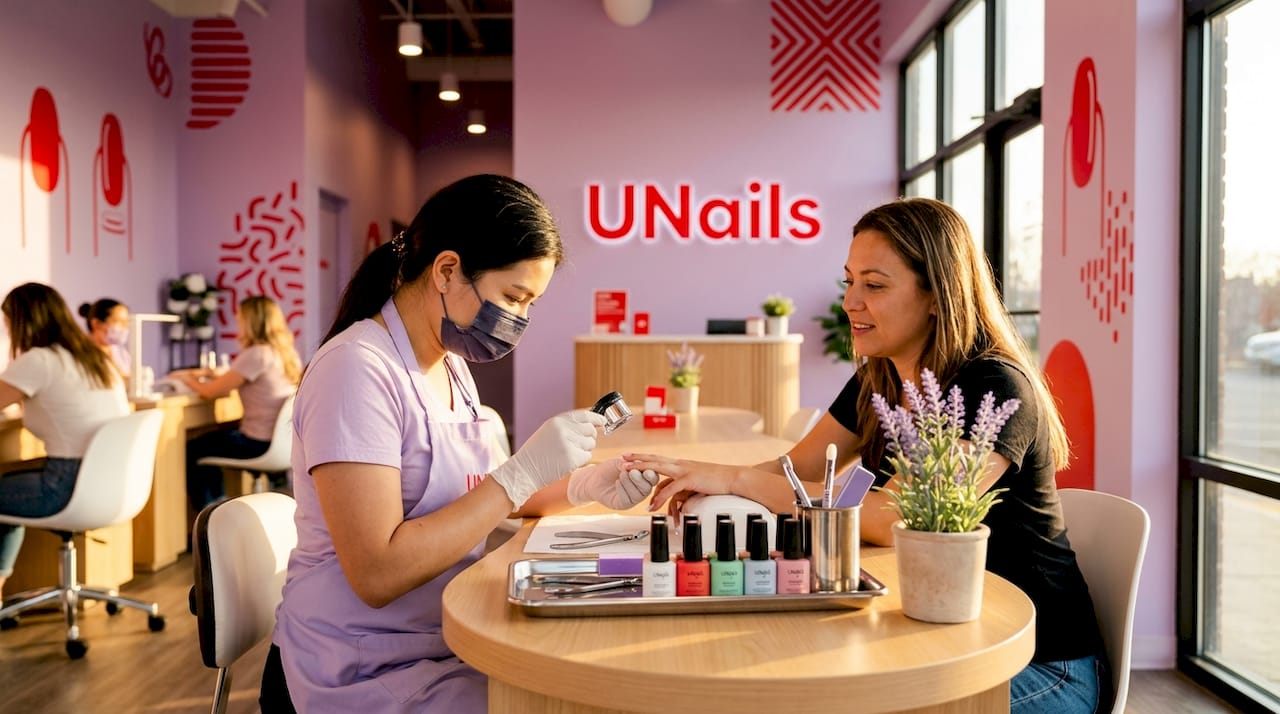 Nail technician examining client's nails during consultation
