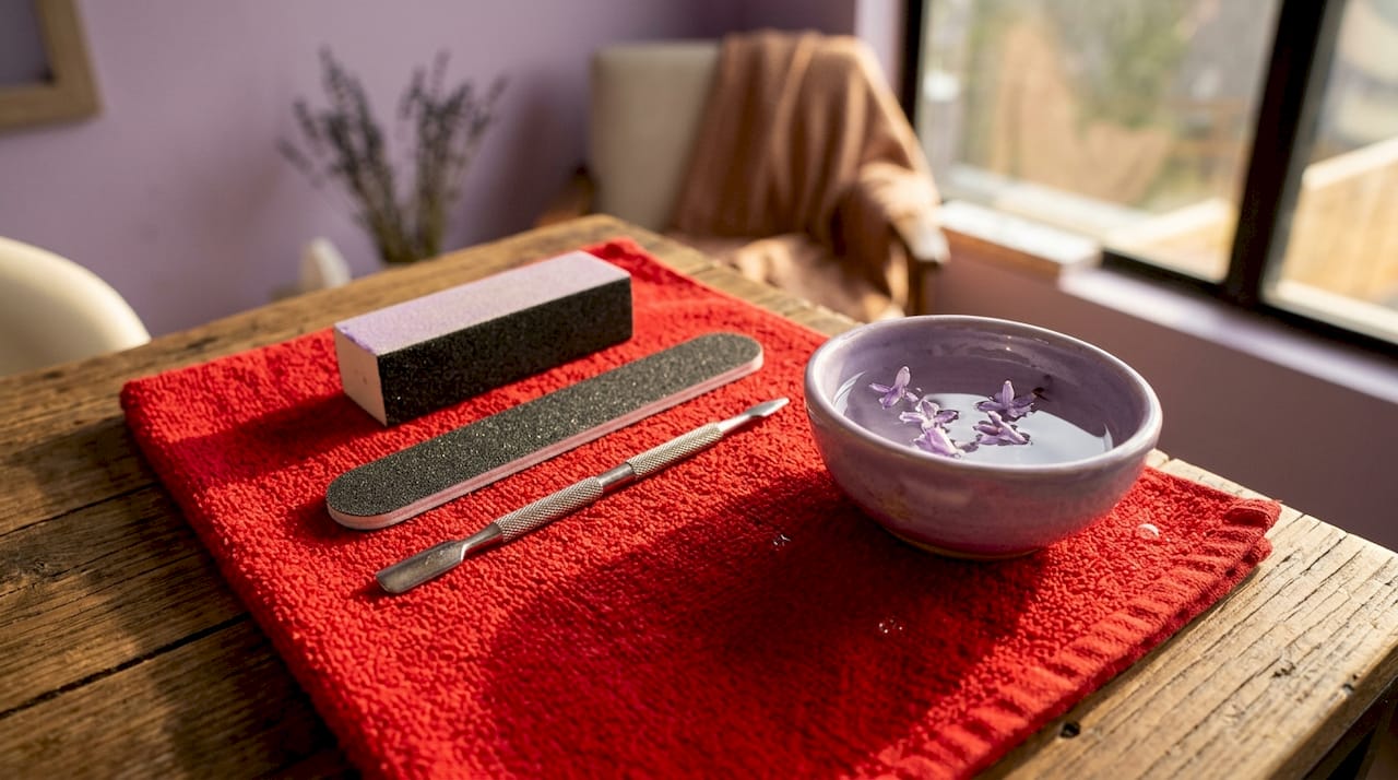 Professional nail grooming tools on towel