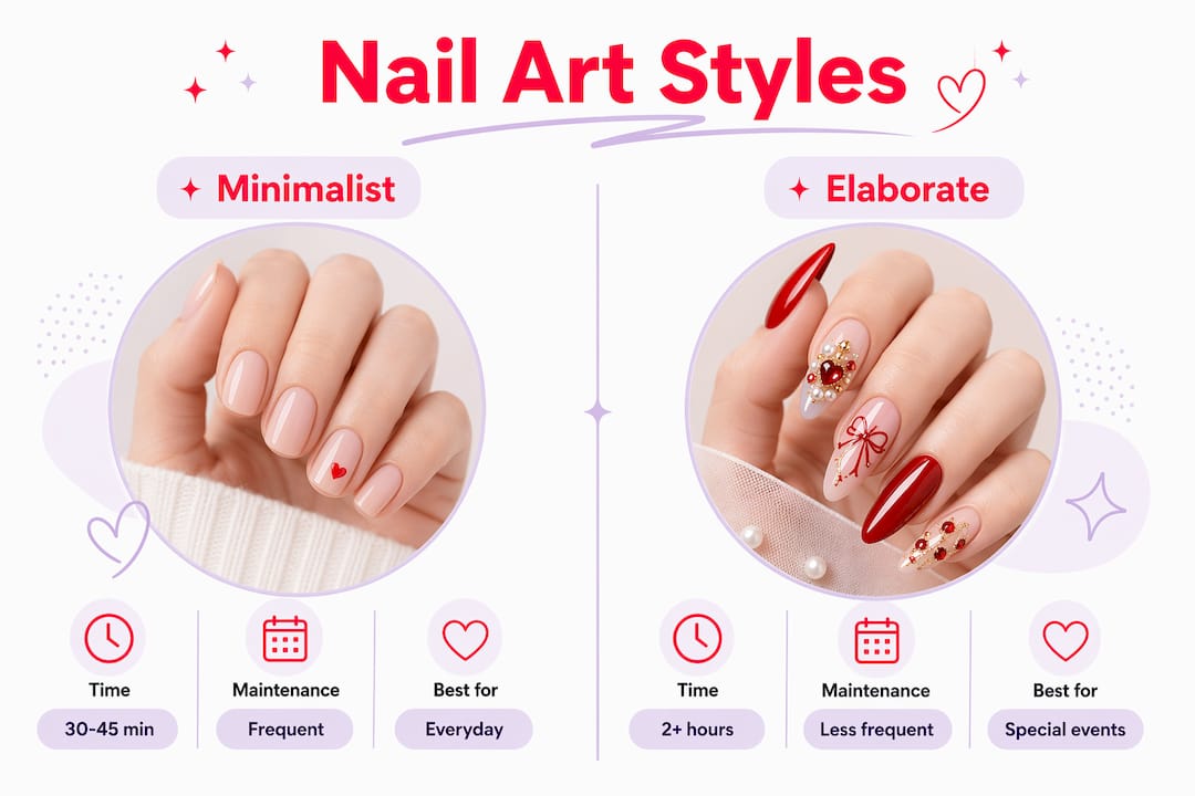 Infographic comparing minimalist and elaborate nail art styles